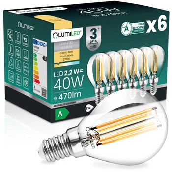 6x LED žárovka E14 kapka P45 2,2W 470lm = 40W 2700K teplá bílá 360° Filament energetická třída A LUMILED