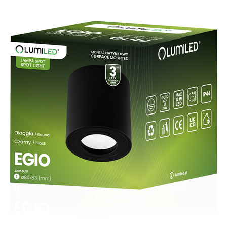 Povrchová montáž HALOGENOVÉ Spot Tuba Pevná EGIO GU10 LUMILED Kulatá IP44 Černá 83mm