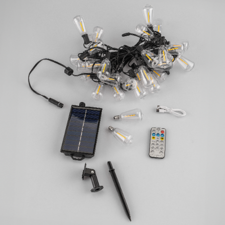 Solární zahradní girlanda 30x LED dekorativní žárovky 9,8 m 2700K Warm + PYRIS LUMILED dálkové ovládání