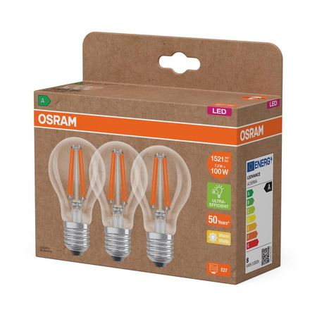 3x LED žárovka A60 E27 7,2W = 100W 1521lm 2700K Warm 300° Filament CLASSIC ENERGY EFFICIENCY Osram