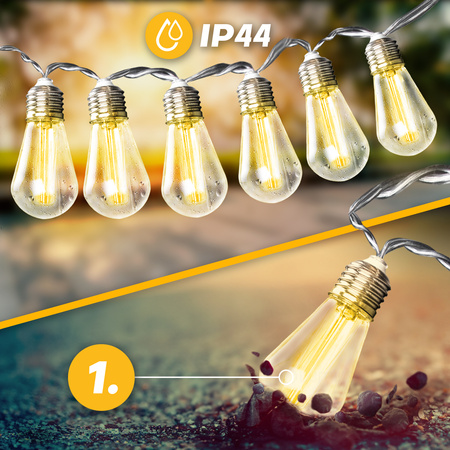 LED Solární řetěz, 20x LED Ozdobné Žárovky 5.69m Teplá bílá 3000K HELIC LUMILED