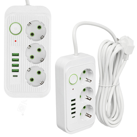 Prodlužovací kabel KOBI LINEA PRO 3x230V 5m Zem, spínač a 5xUSB Bílá