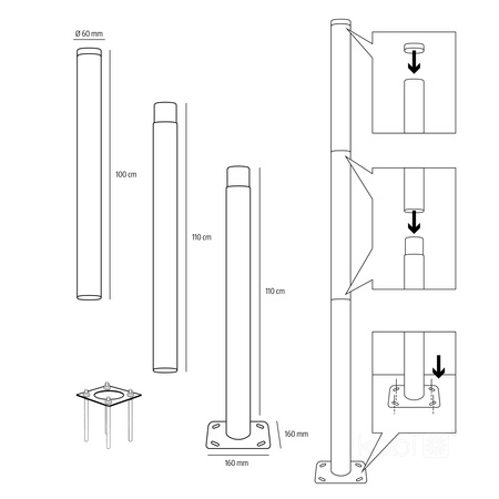 SG 3m Fi 60mm Black Kobi skládací venkovní osvětlovací stožár