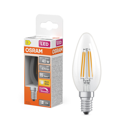 LED žárovka B35 E14 svíčka 3,4W = 40W 470lm 2700K teplá bílá 320° Filament Dimmable SUPERSTAR Osram
