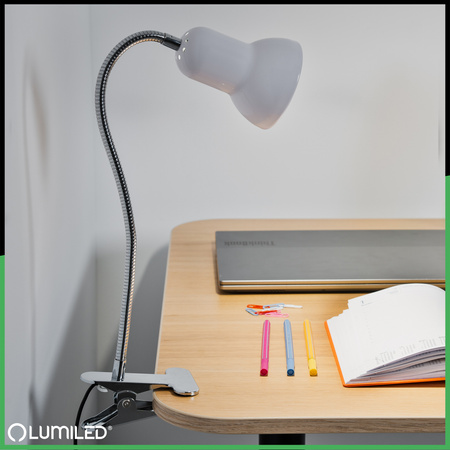 Stolní lampa stolní nastavitelná DONA školní noční světlo E27 klip bílý LUMILED