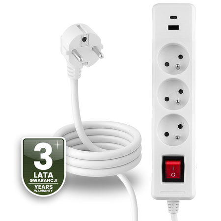 Síťový prodlužovací kabel s uzemněním 3 zásuvky 1,5 m vypínač bílý USB + USB-C kabel ELGER Lumiled