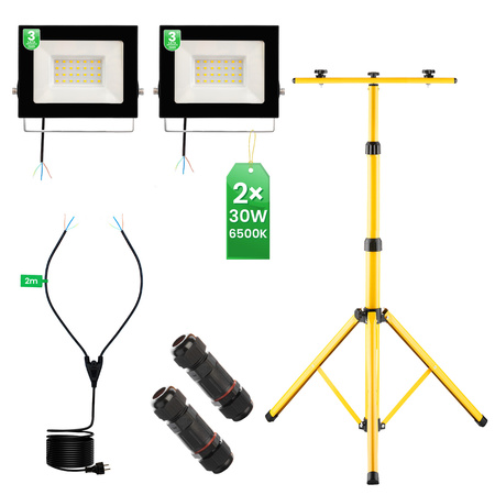 LED reflektor ZUNA2 Halogenová lampa 2x 30W 6500K na stojanu + kabel + hermetický konektor LUMILED