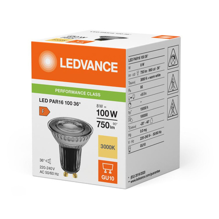 LED reflektorová žárovka GU10 PAR16 8W = 100W 750lm 3000K teplá bílá 36° Ledvance