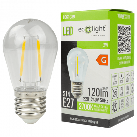 LED žárovka Edison S14 E27 2W 120lm 2700K Warm FILAMENT Ecolight