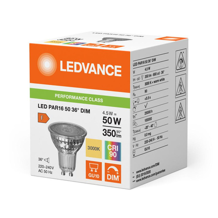 LED reflektorová žárovka GU10 PAR16 4,5W = 50W 350lm 3000K teplá bílá 36° CRI90 Dimmable Ledvance