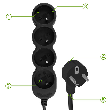 Síťový prodlužovací kabel Uzemněný napájecí pásek 4 zásuvky 3m Černý kabel Lendo Lumiled