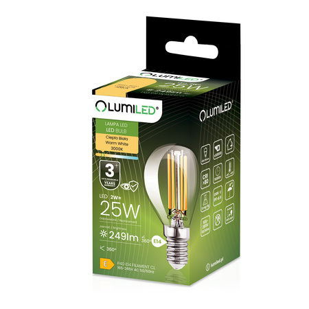6x LED žárovka E14 Ball P45 2W = 25W 249lm 3000K Warm 360° FILAMENT LUMILED