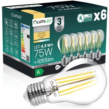 6x LED žárovka E27 A60 4,9W 1055lm = 75W 2700K teplá bílá 360° Filament energetická třída A LUMILED