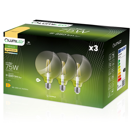 3x Dekorativní Kulatá Žárovka LED E27, G95 8W = 75W 880lm 3000K Teplá bílá 360° Filament Globe LUMILED