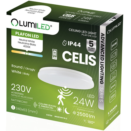 LED Plafond Povrchová montáž 24W 4000K CELIS Round IP44 Senzor pohybu ALS LUMILED