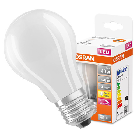 LED žárovka E27 A60 4,8W = 40W 470lm 2700K teplá bílá 320° vlákno stmívatelná OSRAM SUPER STAR