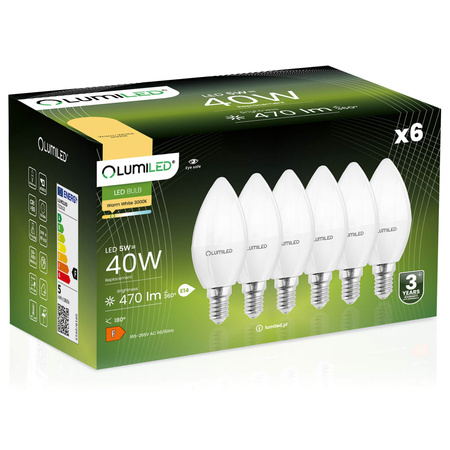 6x Žárovka LED Svíčka B35, E14 5W = 40W 470lm 3000K Teplá bílá 180° LUMILED