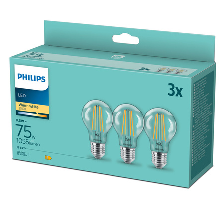 3x LED žárovka E27 A60 8,5W = 75W 1055lm 2700K teplá bílá Filament PHILIPS