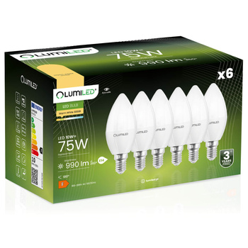 6x LED SVÍČKA Žárovka B35 E14 10W = 75W 990lm 3000K Teplá bílá 180° LUMILED