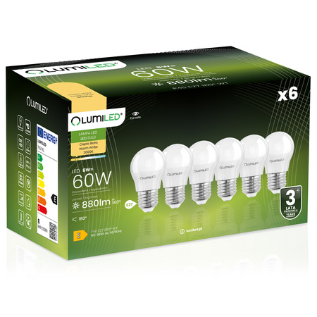 6x LED žárovka E27 MAŁA KULKA 8W = 60W 3000K 880lm teplá barva CCD bílá LUMILED