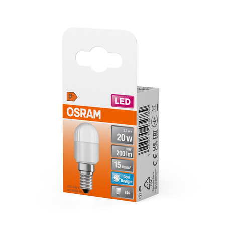 LED žárovka E14 T26 2.3W = 20W 200lm 6500K Studená bílá 160° OSRAM STAR
