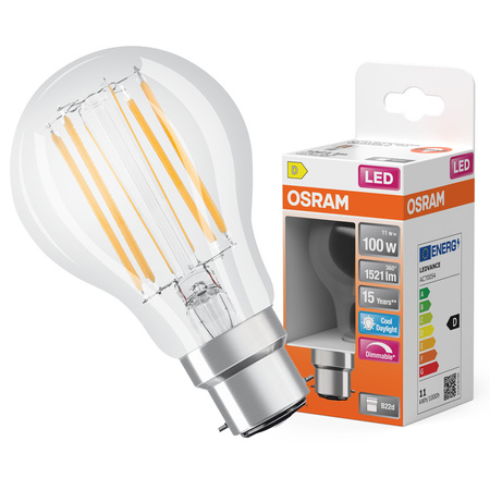 LED žárovka A60 B22d 11W = 100W 1521lm 6500K Cold 300° Dimmable Retrofit Filament CLASSIC Osram