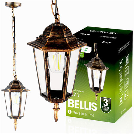 Závěsná zahradní lampa E27, LED lucerna Patina BELLIS LUMILED