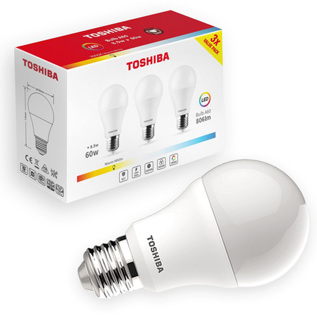 3x LED žárovka E27 A60 8.5W = 60W 806lm 3000K Teplá bílá TOSHIBA