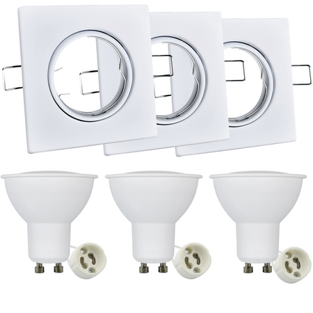3x GOLDLUX (Polux) čtvercová bílá pohyblivá halogenová žárovka + GU10 3.5W LED žárovka