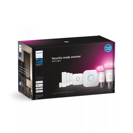 2x LED Žárovka E27 A60 9W CCT RGB + Mostek Hue Bridge + Pohybový senzor + 3PAK Kontaktní senzor Secure Sensor Philips Bluetooth Zigbee