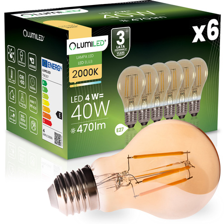 6x LED žárovka E27 A60 4W 470LM = 40W 2000K teplá bílá 360° Filament Amber LUMILED