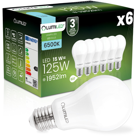 6x Žárovka LED E27, A65 15W = 125W 1952lm 6500K Studená bílá 260° LUMILED