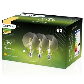 3x Dekorativní Kulatá Žárovka LED E27, G95 8W = 75W 880lm 3000K Teplá bílá 360° Filament Globe LUMILED