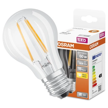 LED žárovka E27 A60 CL 6.5W = 60W 806lm 2700K Teplá bílá 300° vlákno OSRAM STAR