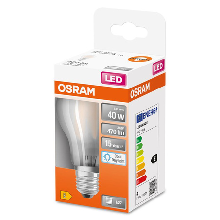 LED žárovka E27 A60 4W = 40W 470lm 6500K Studená bílá 300° vlákno OSRAM STAR
