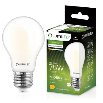 Žárovka LED E27, A60 8W = 75W 1055lm 4000K Neutrální bílá 360° Mléčná Filament LUMILED
