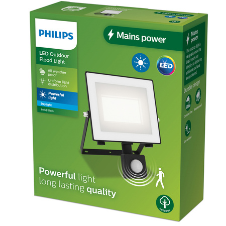 Reflektor LED 30W 3200lm 5000K IP65 se senzorem pohybu a soumraku Black Lois Philips