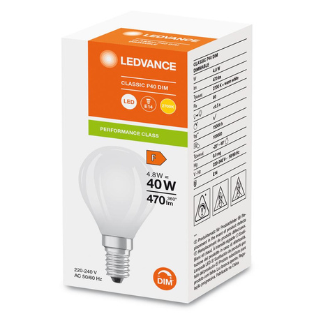 LED žárovka P45 E14 4,8W = 40W 470lm 2700K Teplá bílá FILAMENTNÍ STMÍVATELNÁ LEDVANCE