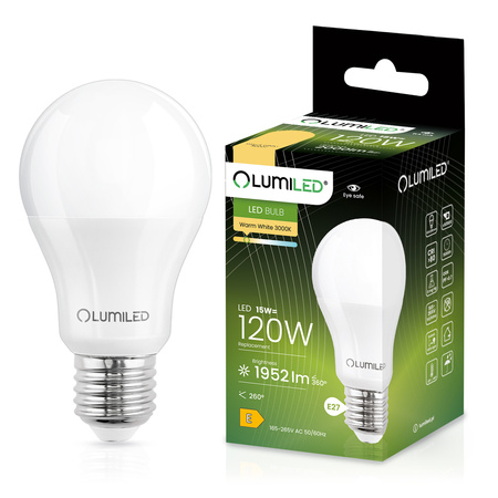 Žárovka LED E27, A65 15W = 120W 2000lm 3000K Teplá bílá 260° LUMILED