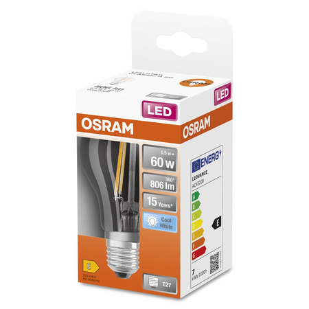 LED žárovka E27 A60 6.5W = 60W 806lm 4000K Neutrální bila 300° vlákno OSRAM STAR