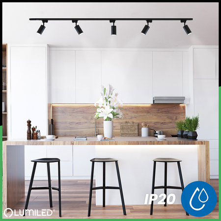 Osvětlovací lišta 3m + 5x reflektor lištový, GU10 Černá Zlatý SAGI + Spojka L LUMILED