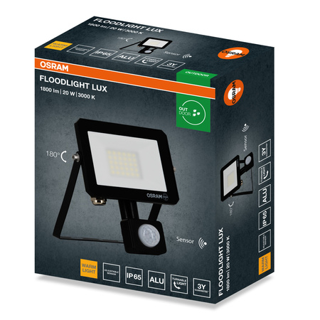 LED reflektor Halogenový venkovní reflektor 20W 3000K 1800lm IP65 se senzorem pohybu a soumraku SENSOR FLOODLIGHT LUX OSRAM