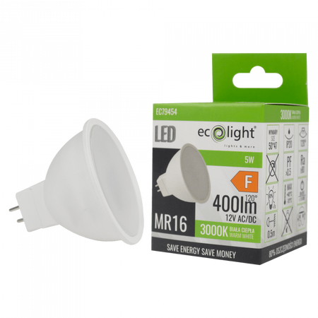 LED reflektorová žárovka MR16 GU5.3 5W 400lm 3000K teplá bílá 12V Ecolight