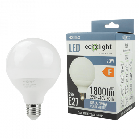 LED žárovka Sphere G95 E27 20W 1800lm 6500K Cold Ecolight