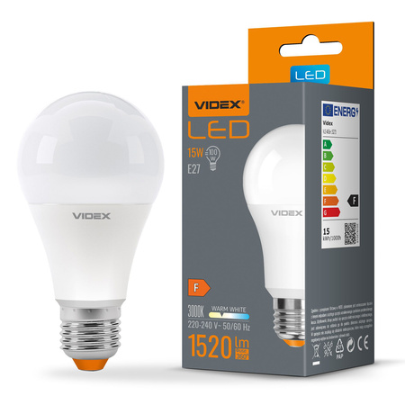LED žárovka E27 A65 15W = 100W 1520lm 3000K teplá bílá 240° Videx