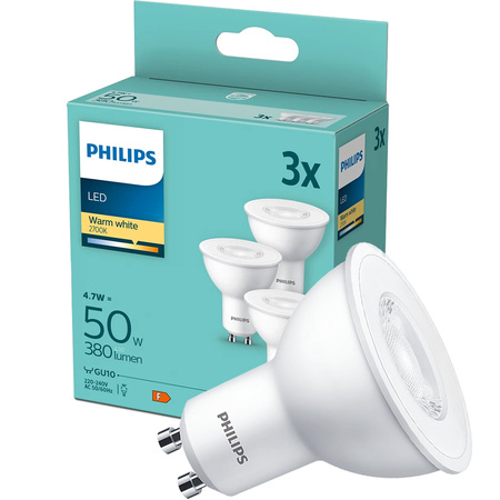3x LED žárovka GU10 4.7W = 50W 380lm 2700K Teplá bílá 36° PHILIPS