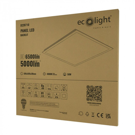LED panel 60x60 pro zapuštěnou montáž 50W 6500lm 4000K neutrální bílá podsvícený Ecolight