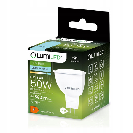 10x Žárovka LED GU5.3, MR16 6W = 50W 580lm 6000K Studená bílá 120° 12V LUMILED