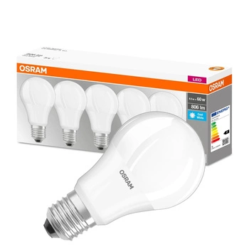 5x LED žárovka E27 A60 8.5W = 60W 806lm 4000K Neutrální bila 300° OSRAM Základna