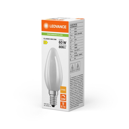 LED žárovka E14 B35 5,9W = 60W 806lm 2700K teplá bílá 300° Dimmable Ledvance